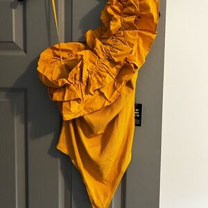Express Mustard Ruffled One-Shoulder Top